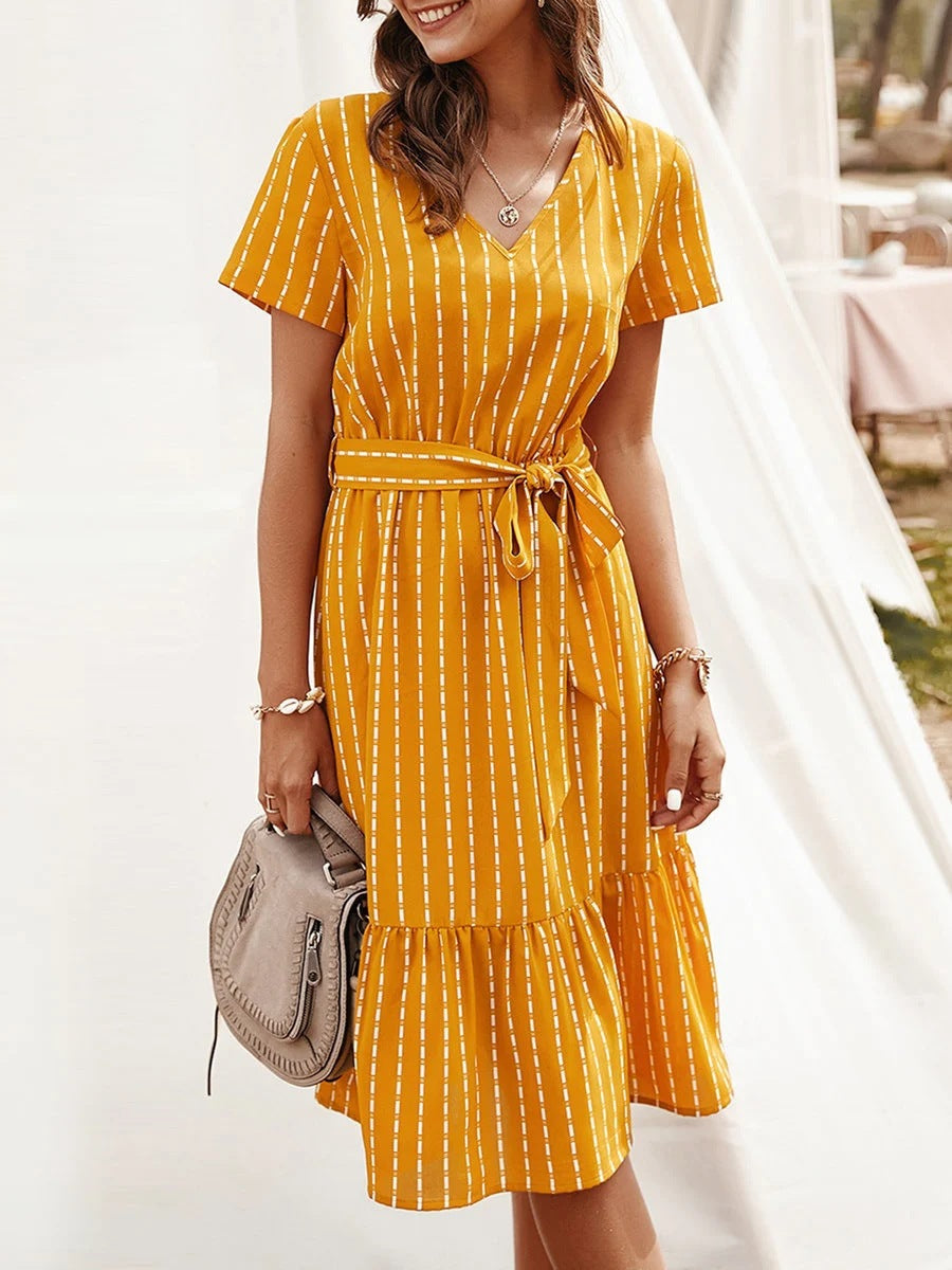 Beth Dutton Wardrobe Summer Short Sleeve Waist-Controlled Lace-up Women's Midi Dress