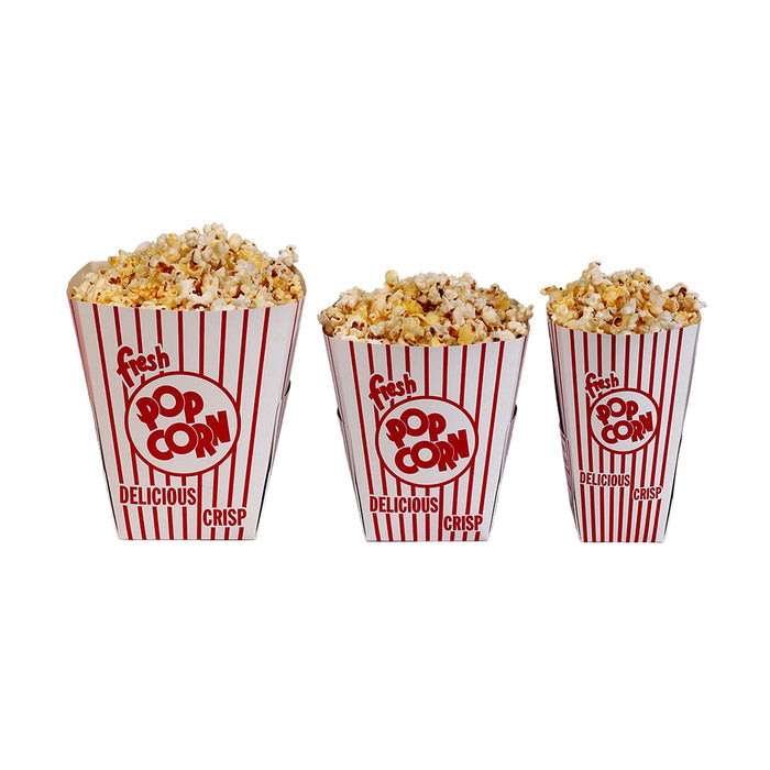 red striped popcorn scoop boxes filled with popcorn