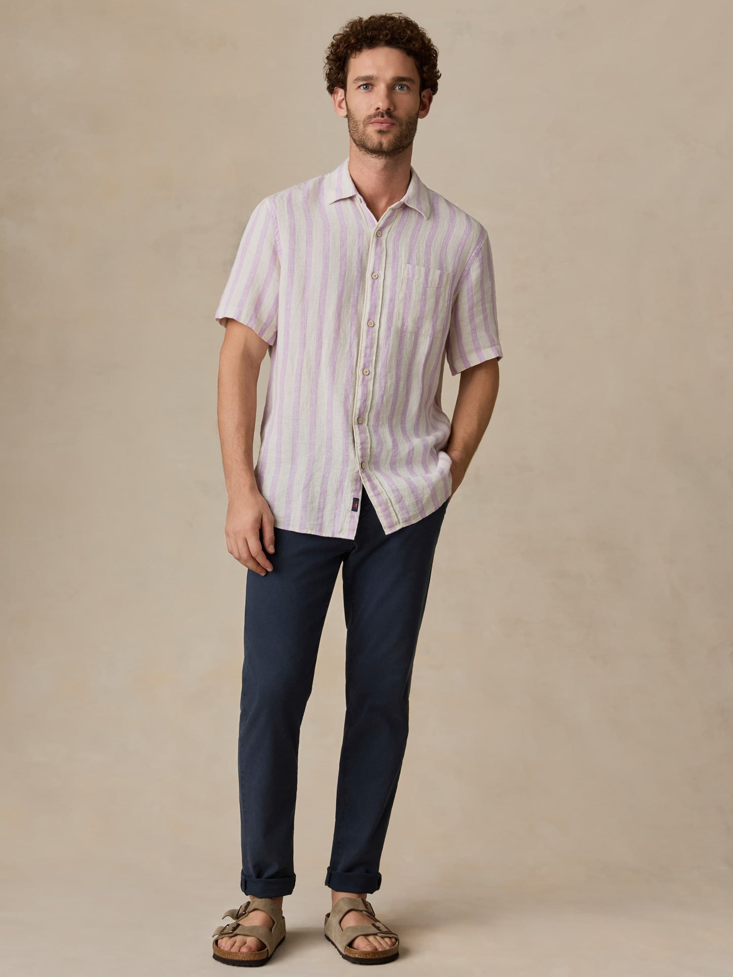 Short-Sleeve Palma Linen Shirt - Lilac Shell Stripe