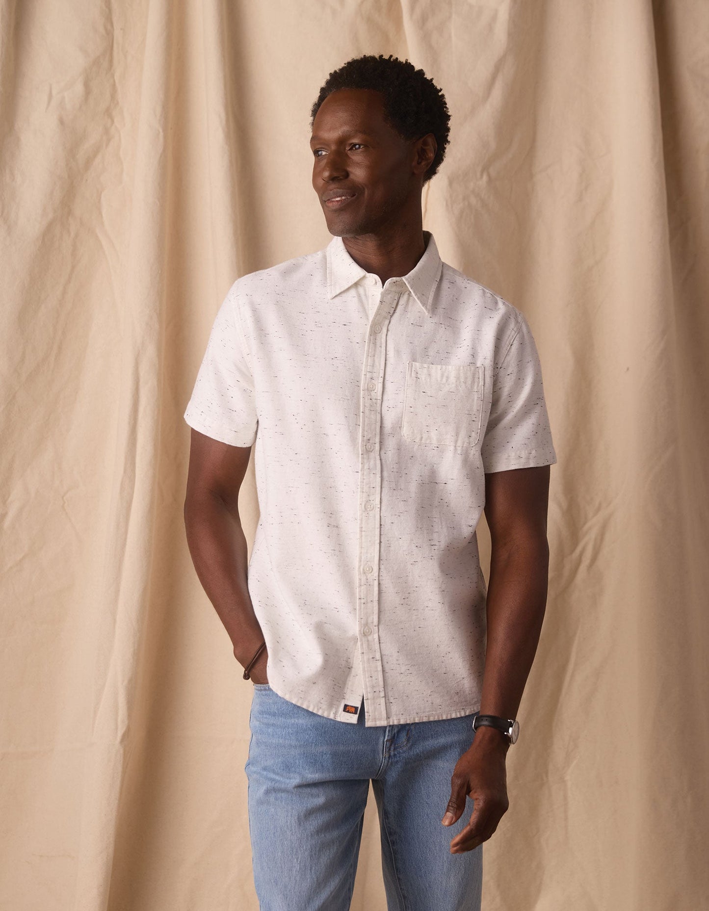 Freshwater Short Sleeve Button Up Shirt in White Nep