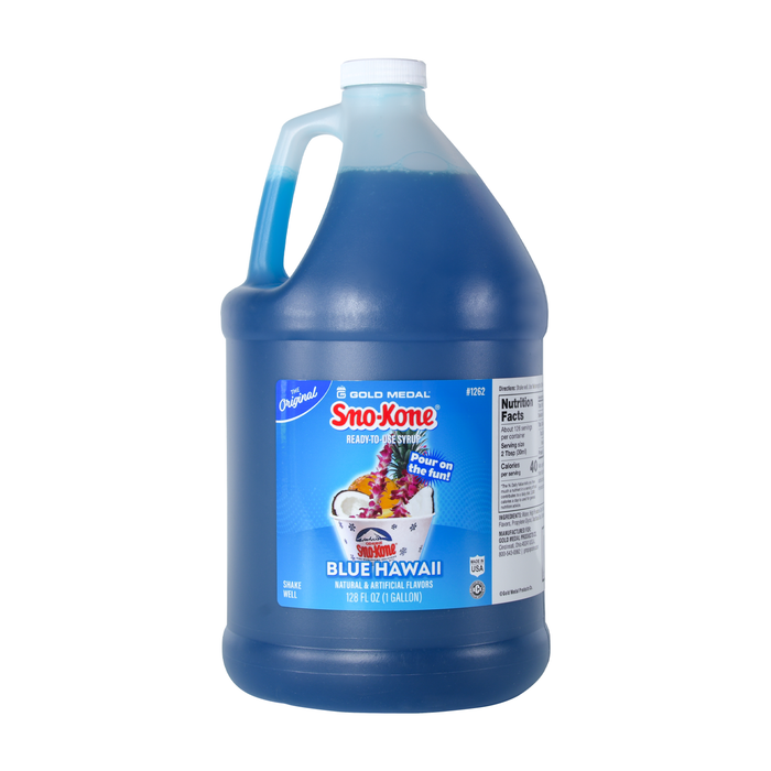 One gallon sized jug of Blue Hawaii Sno-Kone syrup
