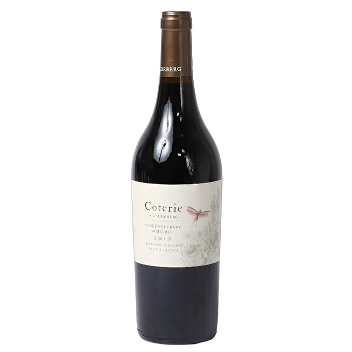 A bottle of Coterie by Wildeberg, Cabernet Franc Malbec 2023 red wine with a label that includes the wine name and the year. The bottle is upright and the label is positioned towards the bottom.