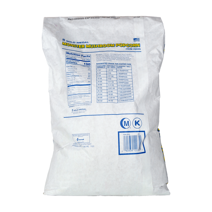 Back view of 35-pound bag of Monster Mushroom popcorn