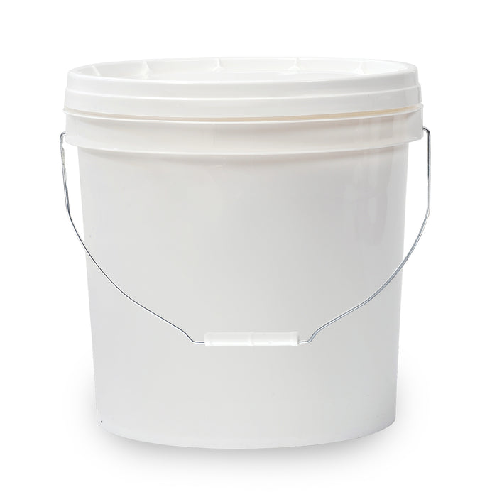 White plastic tub with silver handle filled with white cheddar cheese paste.