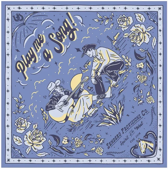 Decorative bandana with cowboy graphics and text on a blue background