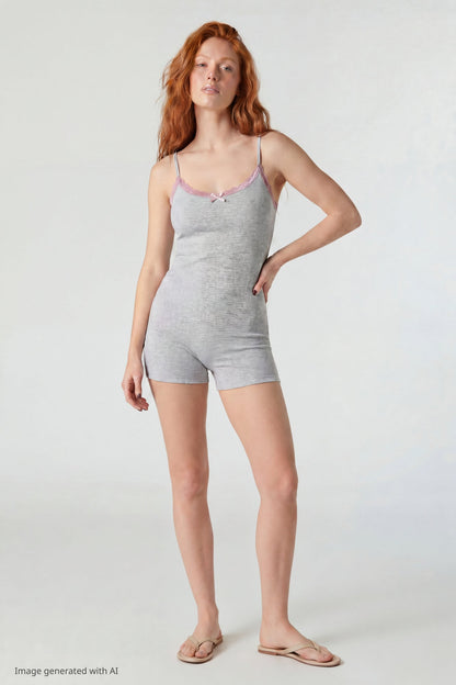 Soft Ribbed Lace Trim Romper