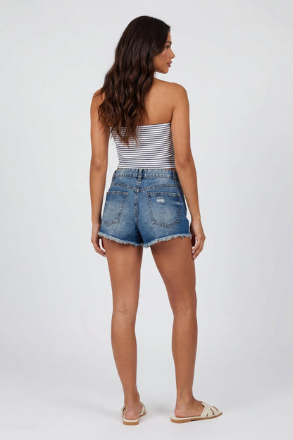 Ripped High Rise Medium Denim Short with Keychain