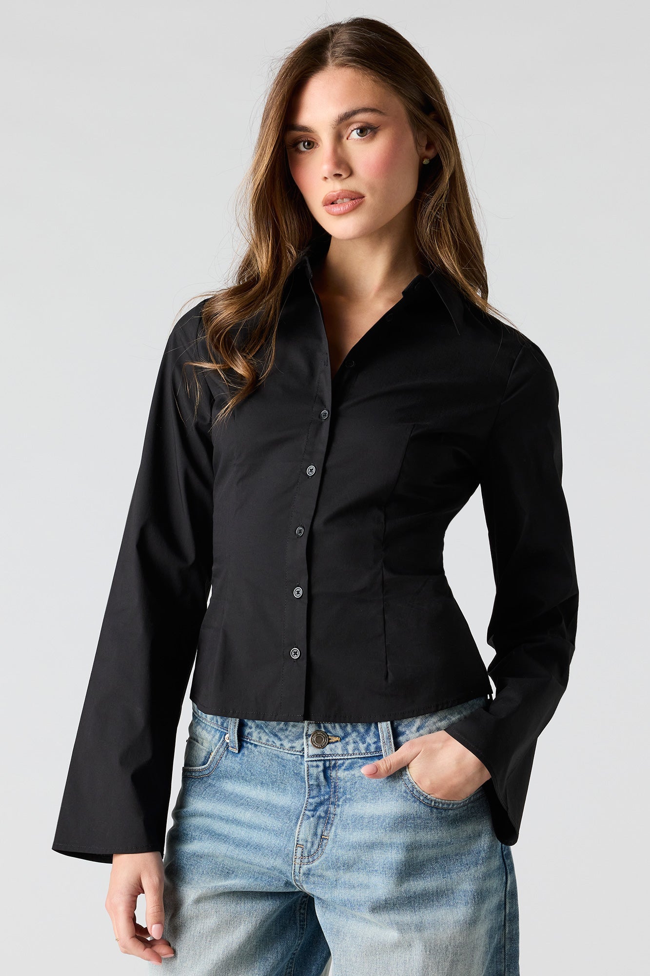 Fitted Bell Sleeve Button-Up Top