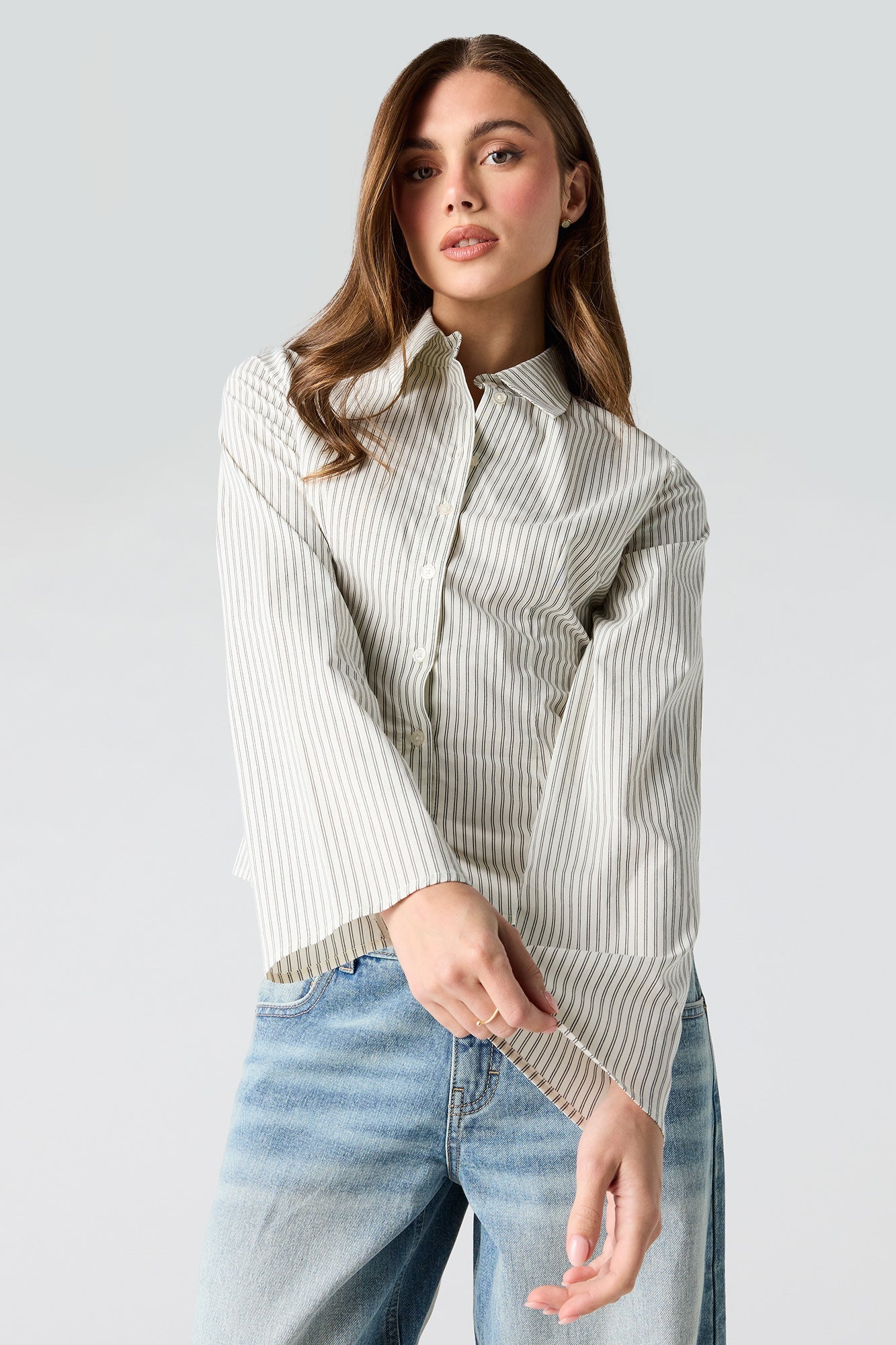 Fitted Bell Sleeve Button-Up Top