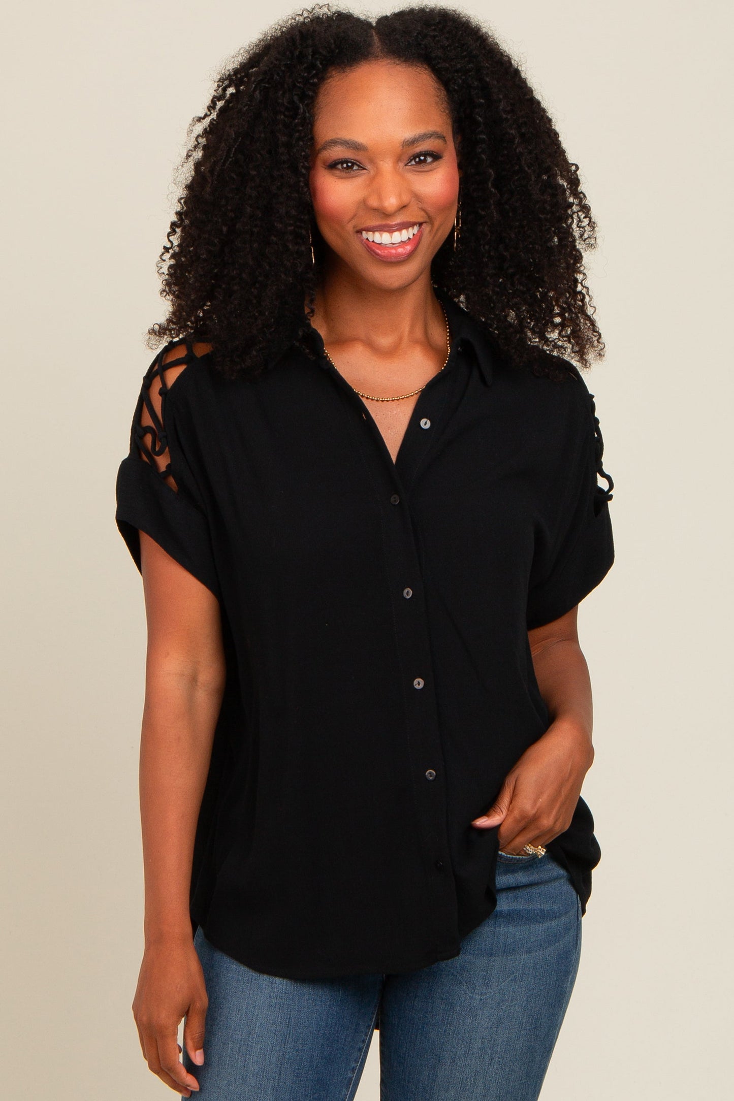 Black Button Down Lace-Up Shoulder Top