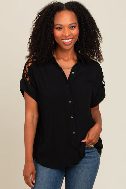 Black Button Down Lace-Up Shoulder Top
