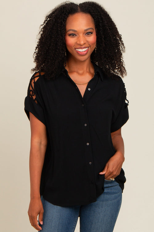 Black Button Down Lace-Up Shoulder Top