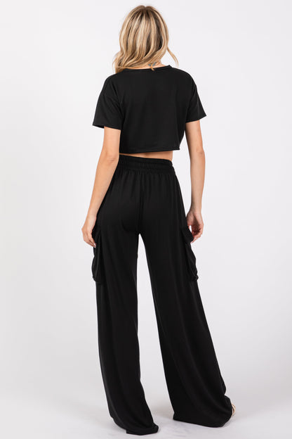 Black Crop Top Cargo Pant Set