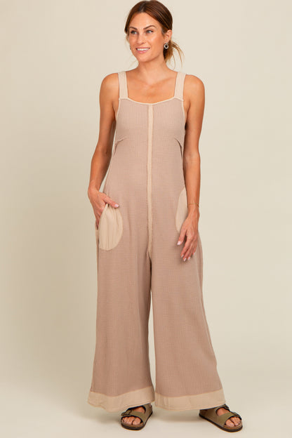 Beige Waffle Knit Wide Leg Maternity Jumpsuit