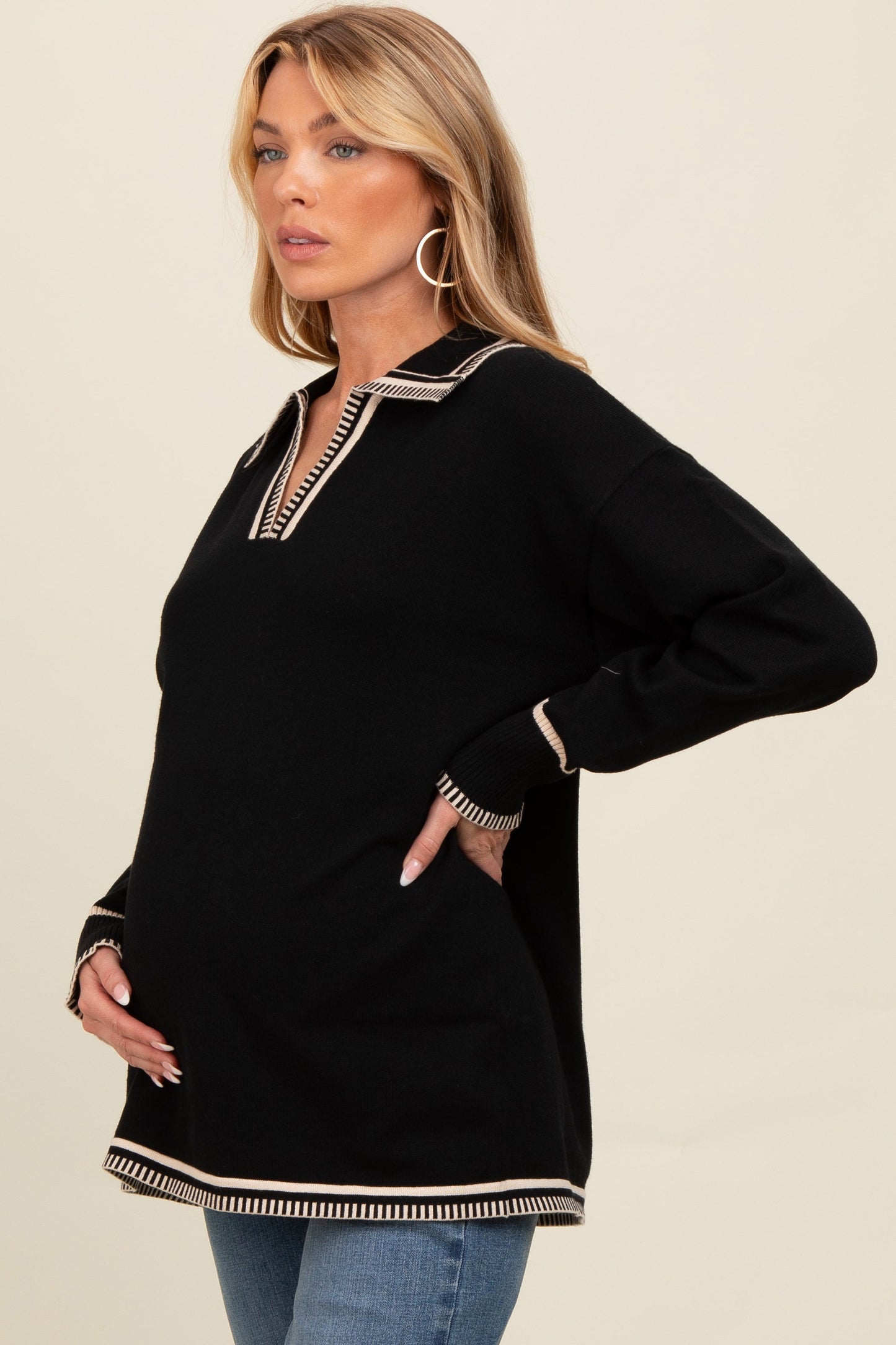 Black Contrast Trim Collared Maternity Sweater