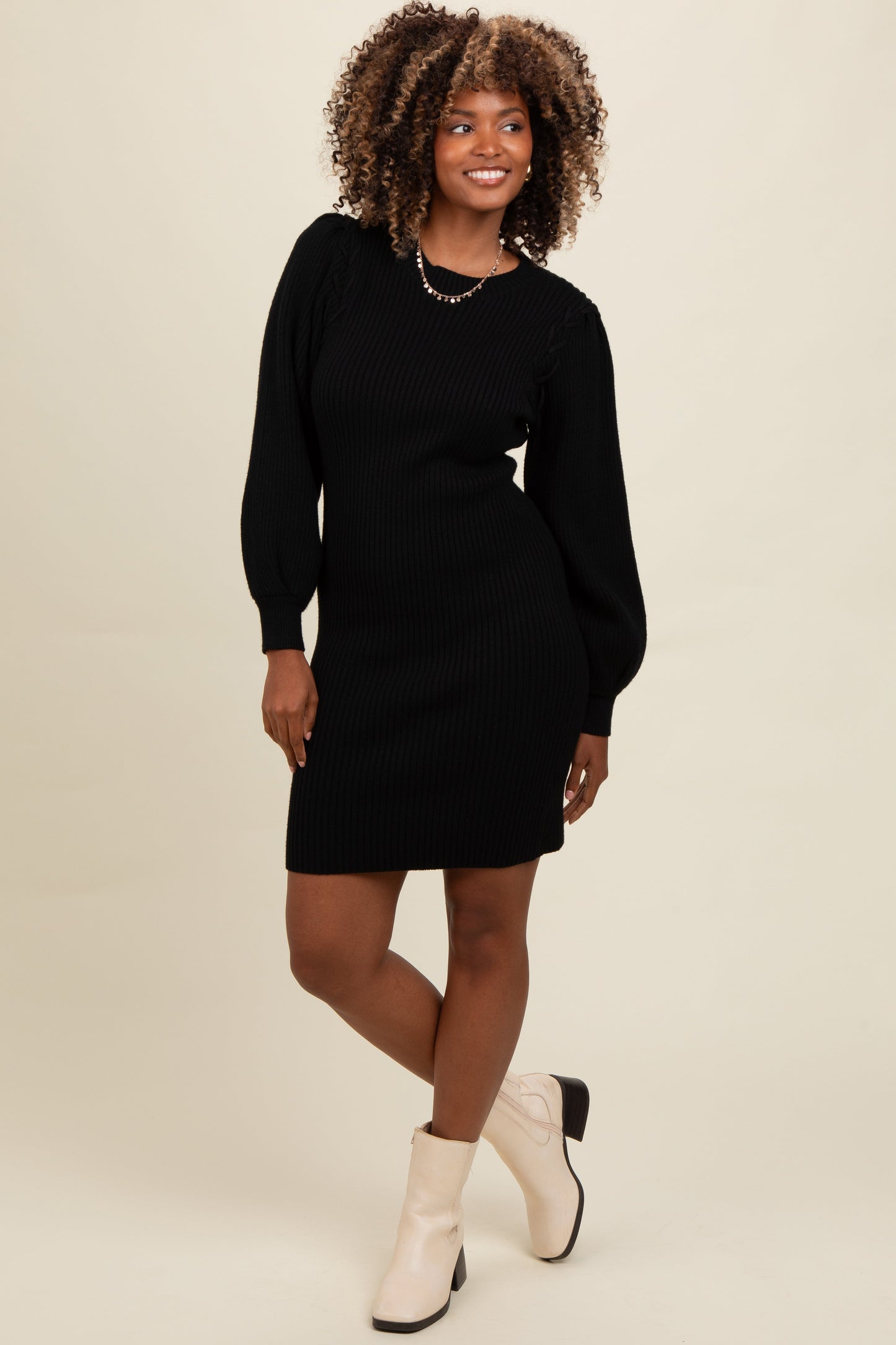 Black Bubble Sleeve Maternity Sweater Dress
