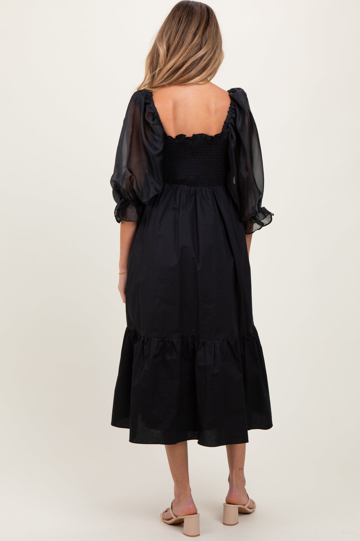 Black Chiffon Smocked Puff Sleeve Maternity Midi Dress