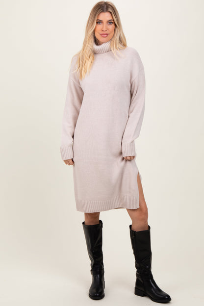 Beige Turtleneck Side Slit Maternity Midi Sweater Dress
