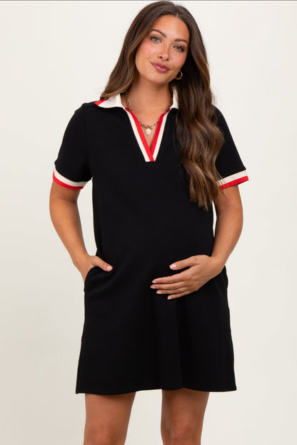 Black Contrast Trim Maternity Mini Polo Dress