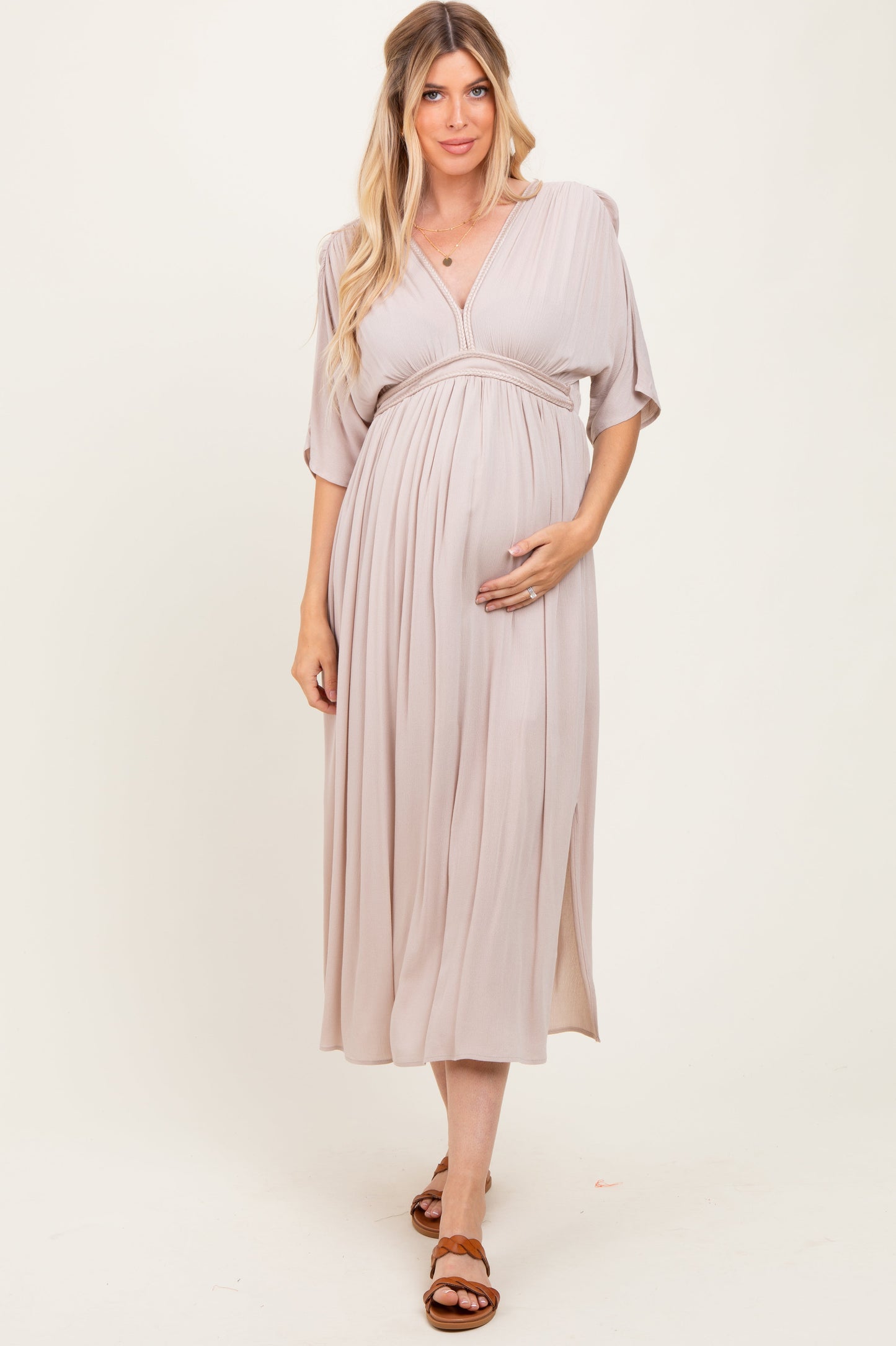 Beige V-Neck Braid Detail Maternity Maxi Dress