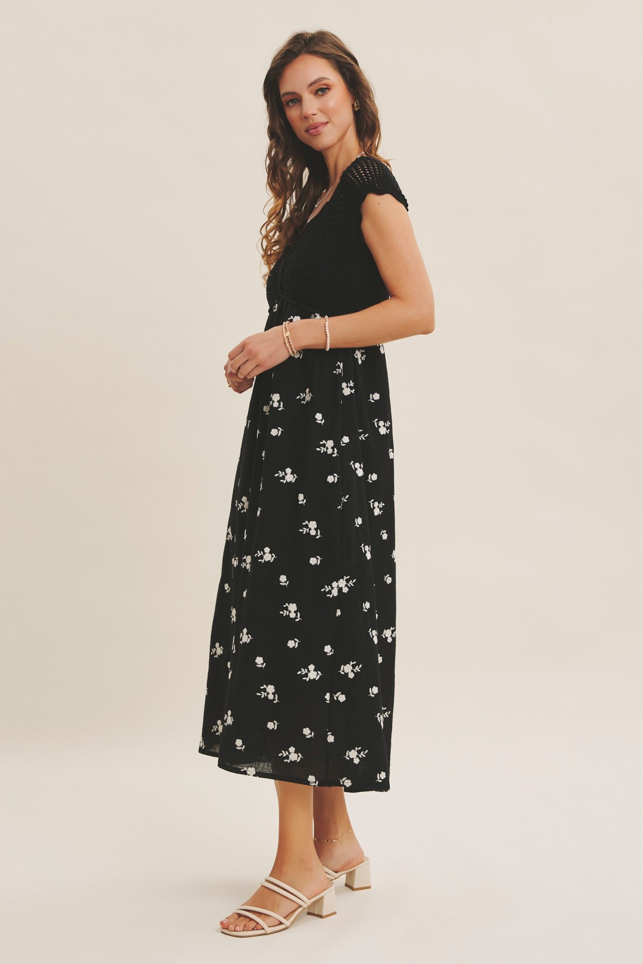 Black Crochet Sweater Floral Embroidery Midi Dress