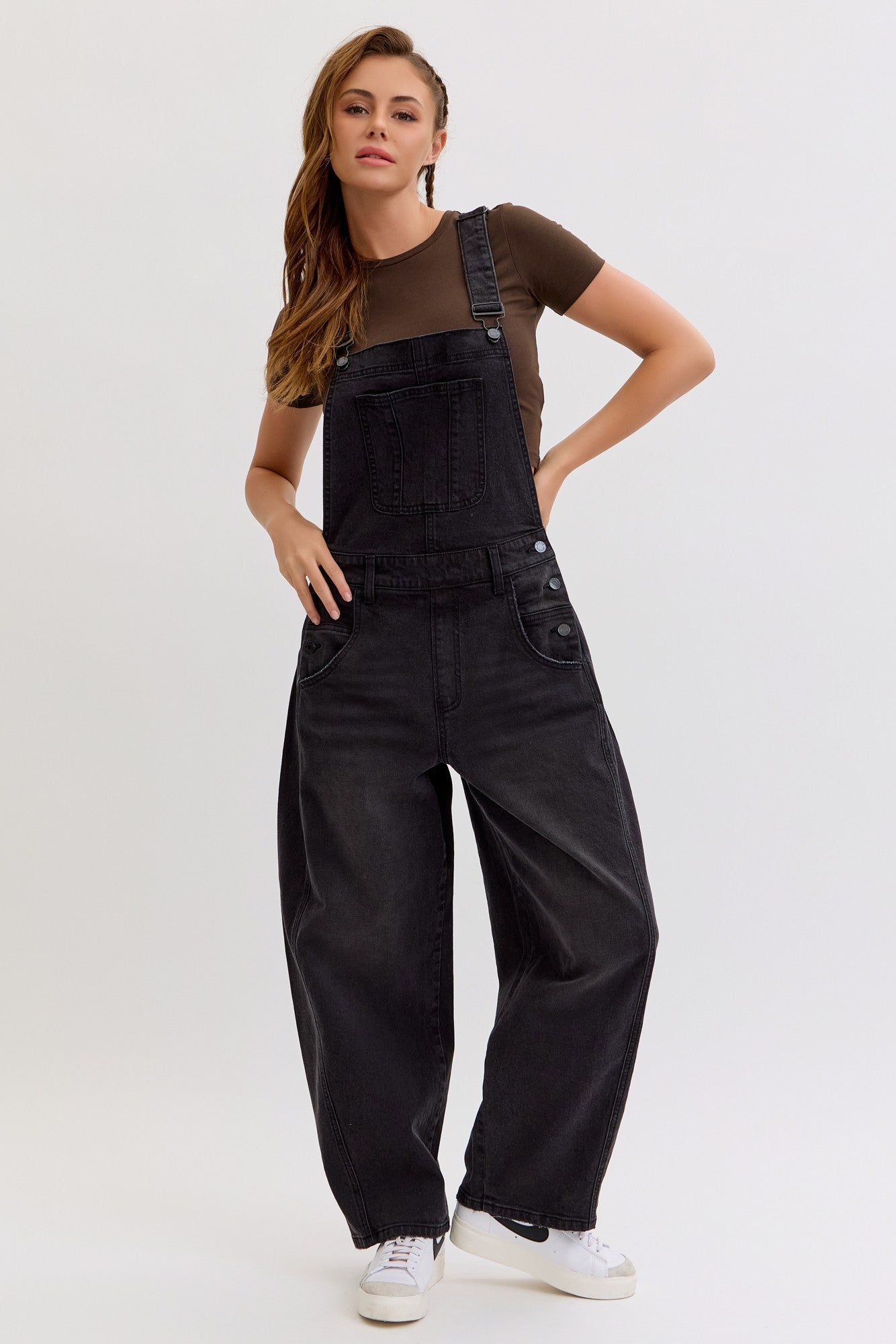 Black Barrel Leg Maternity Denim Overalls