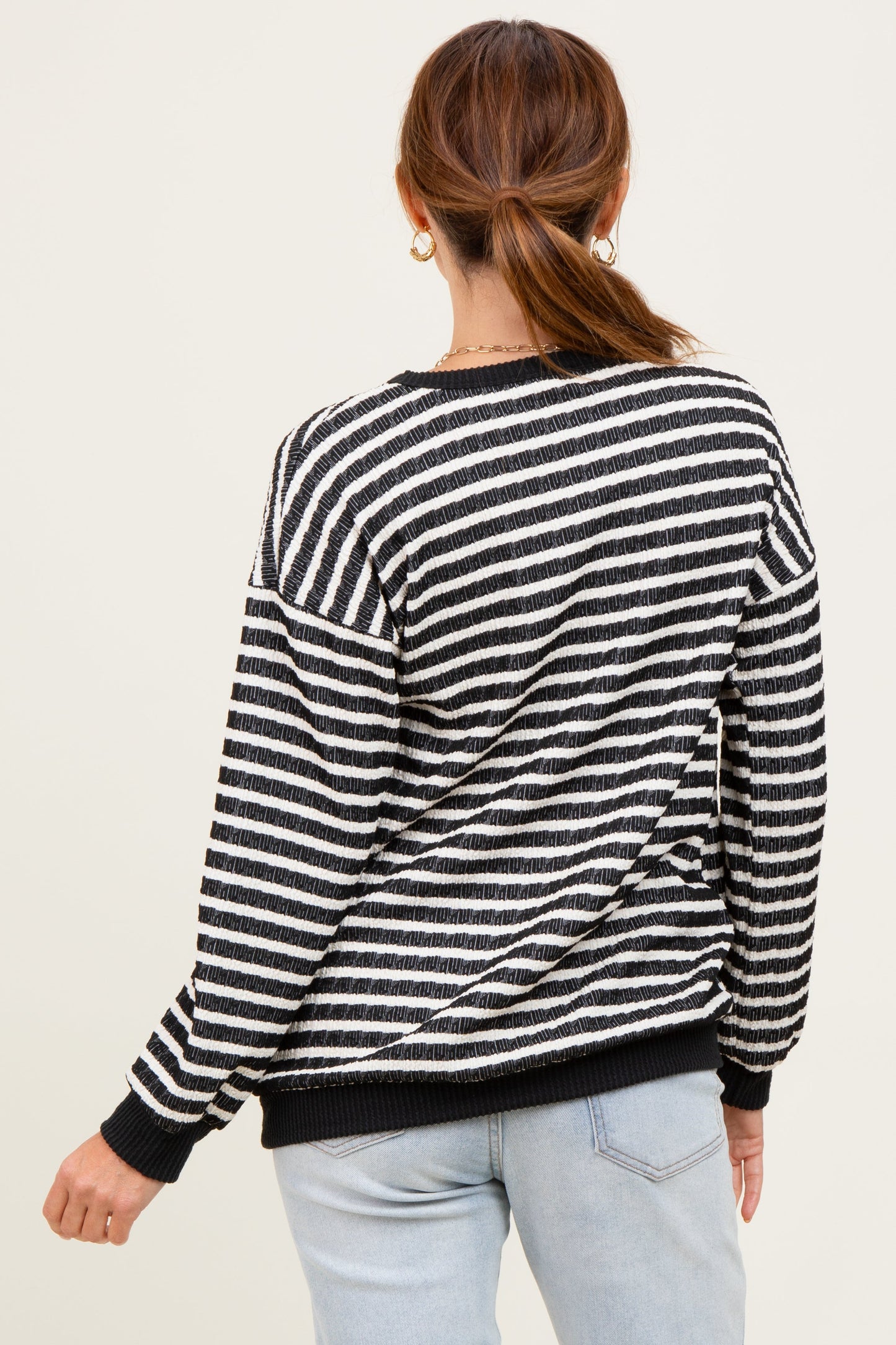 Black Contrast Rib Long Sleeve Pullover Top