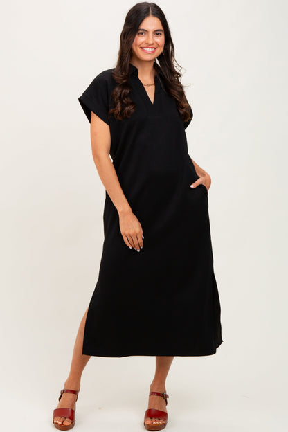 Black Collared Short Sleeve Maternity Midi Dress
