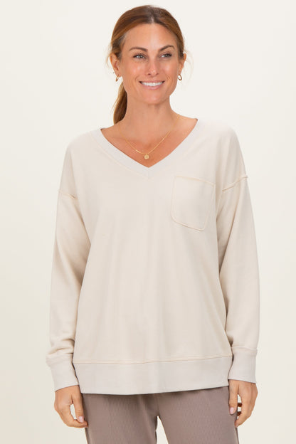 Beige V-Neck Long Sleeve Maternity Pullover Top