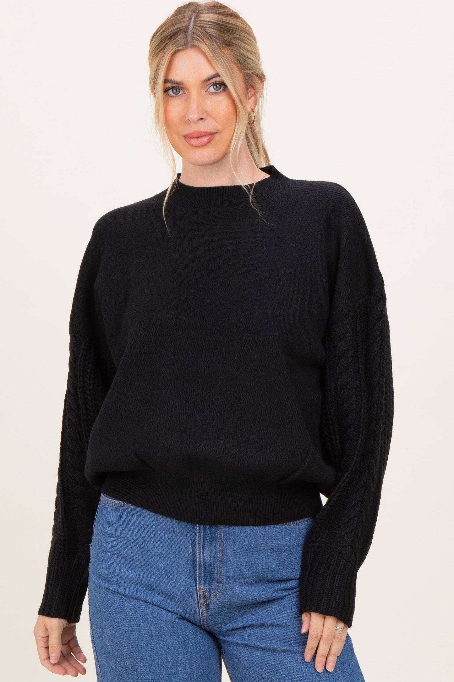 Black Cable Knit Sleeve Round Neck Maternity Sweater