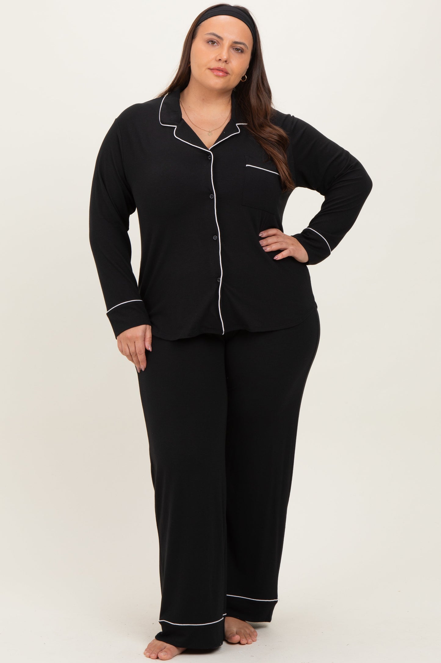 Black Button Down Top Wide Leg Pant Plus Pajama Set