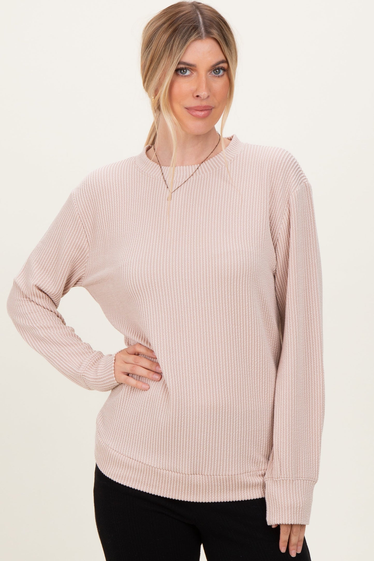 Beige Textured Rib Crew Neck Long Sleeve