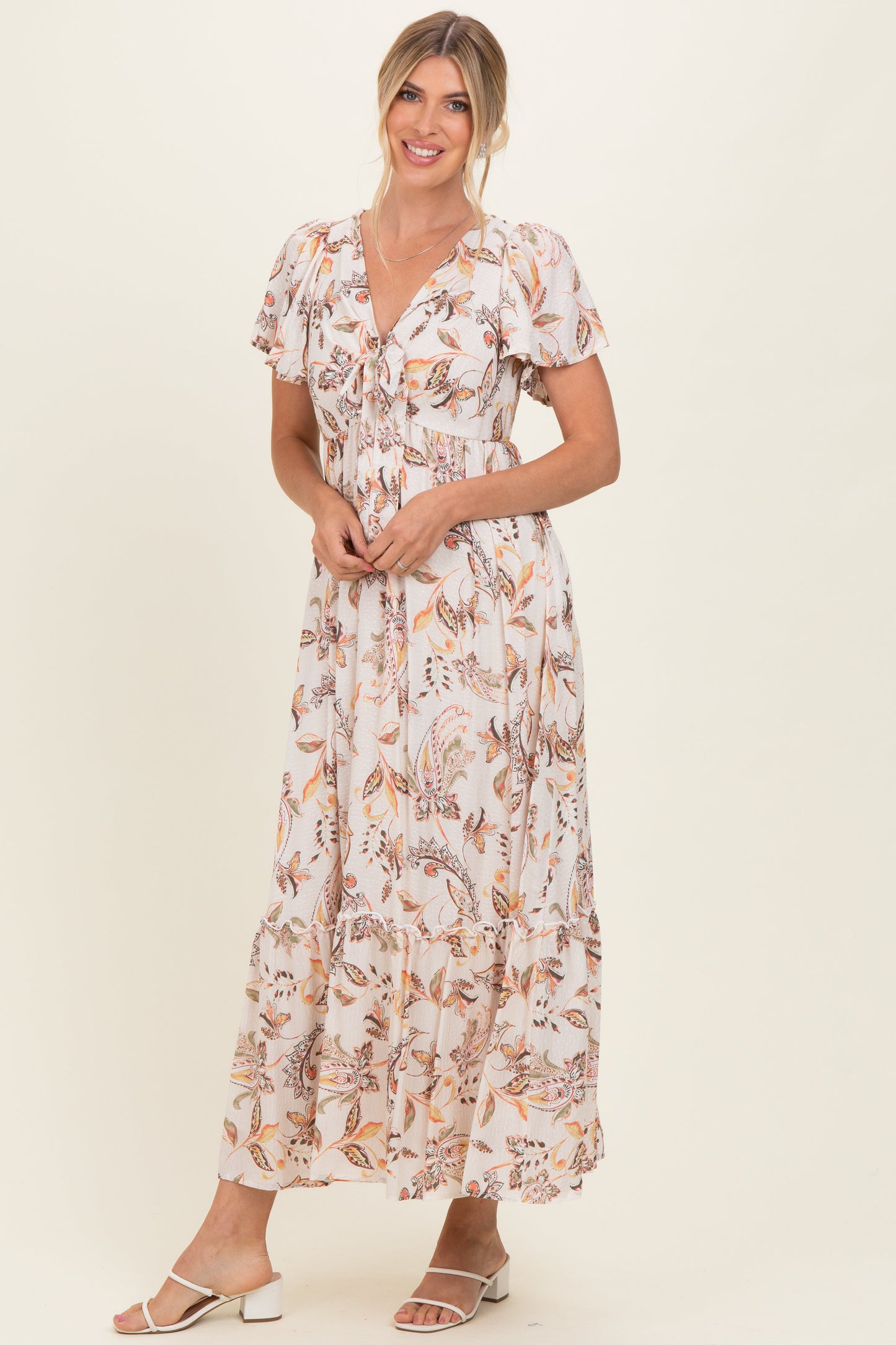 Beige Vintage Floral Short Sleeve V-Neck Tiered Maxi Dress