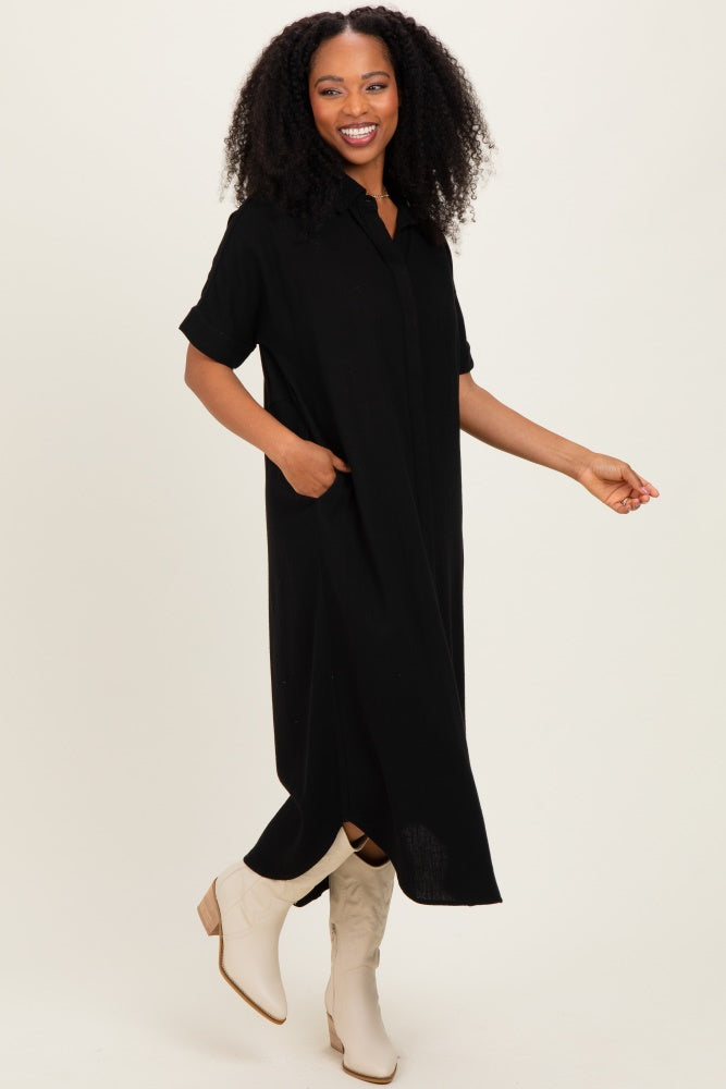 Black Button Down Midi Shirt Dress