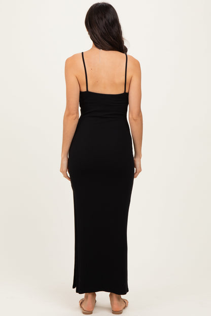 Black Button Detail Sleeveless High Slit Maxi Dress