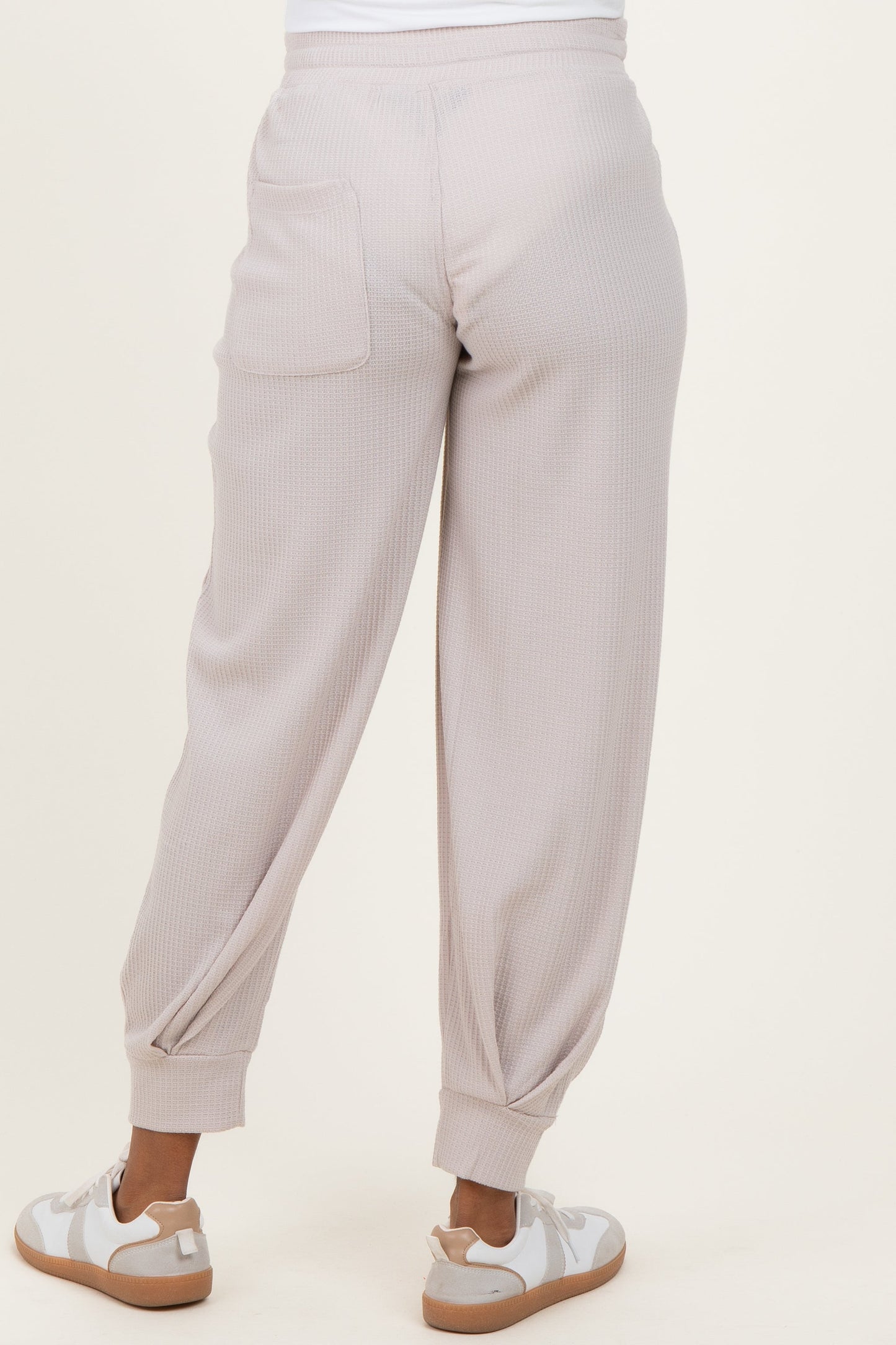 Beige Waffle Knit Raw Seam Maternity Joggers