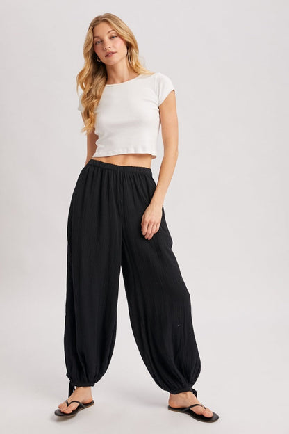 Black Cotton Gauze Tie Hem Pants