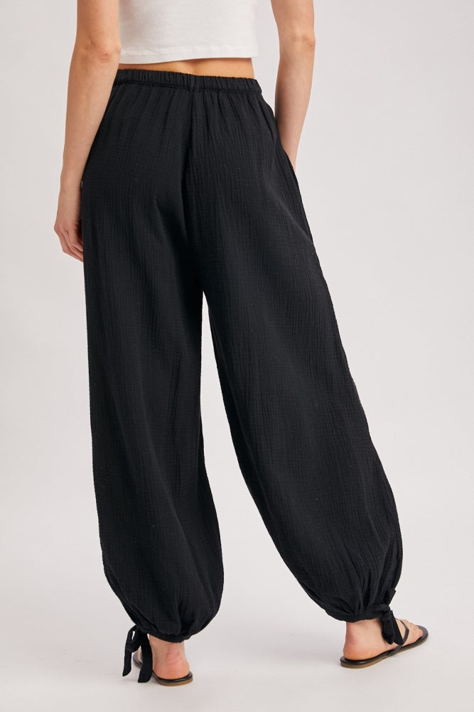 Black Cotton Gauze Tie Hem Pants