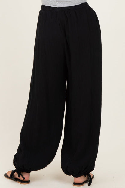 Black Cotton Gauze Tie Hem Pants