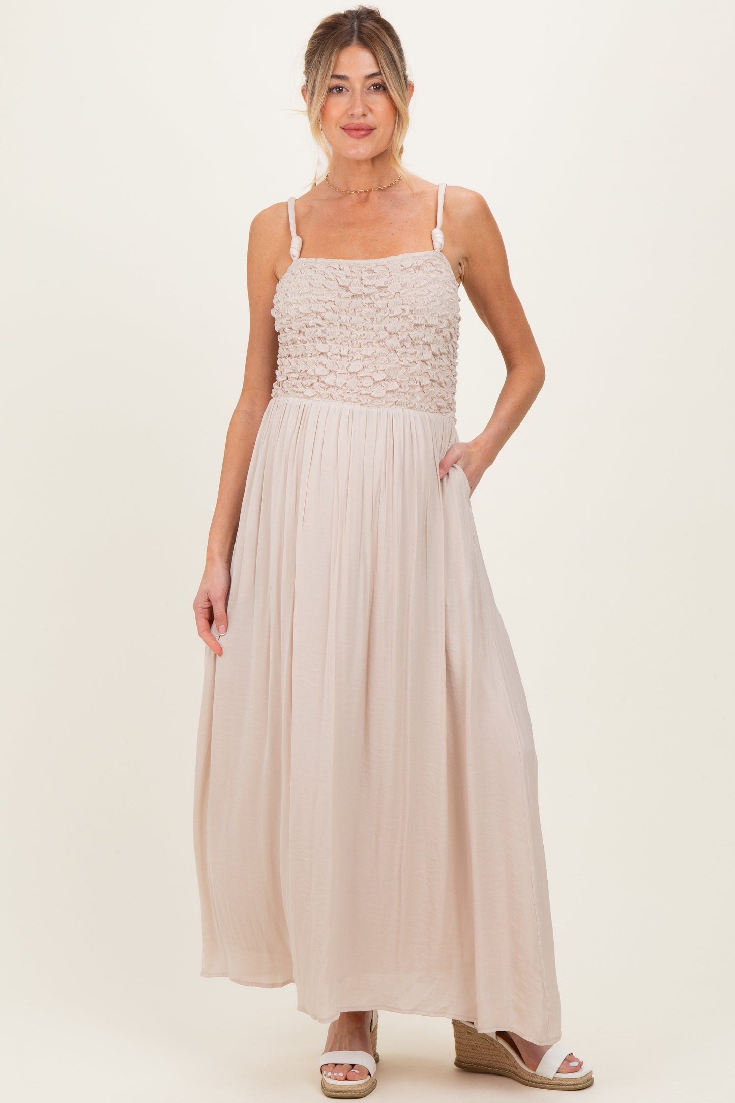 Beige Textured Smocked Maternity Maxi Dress