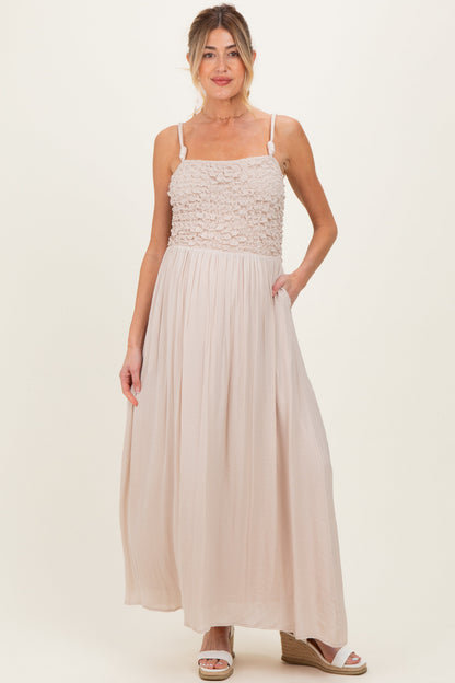 Beige Textured Smocked Maternity Maxi Dress