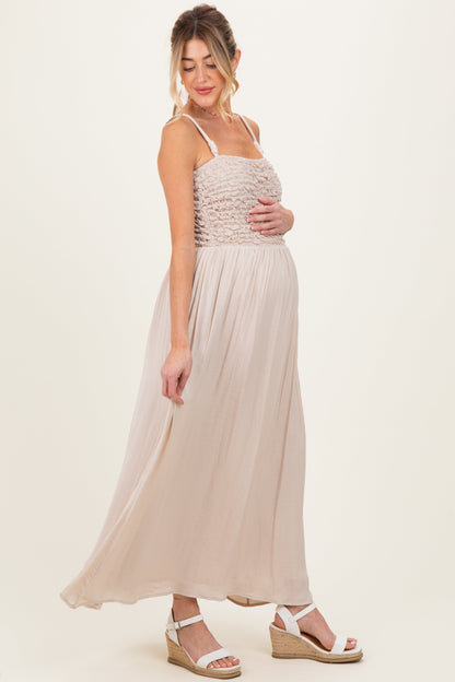 Beige Textured Smocked Maternity Maxi Dress