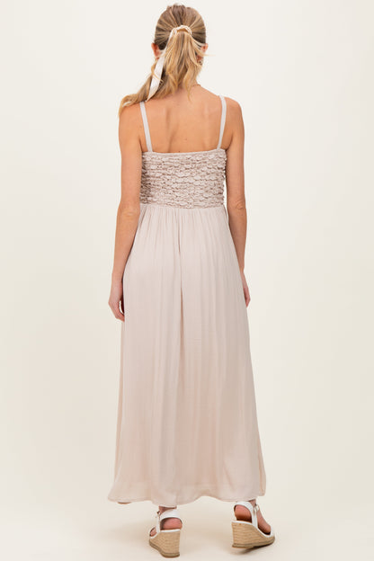 Beige Textured Smocked Maternity Maxi Dress