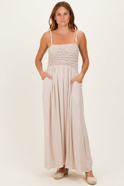Beige Textured Smocked Maternity Maxi Dress