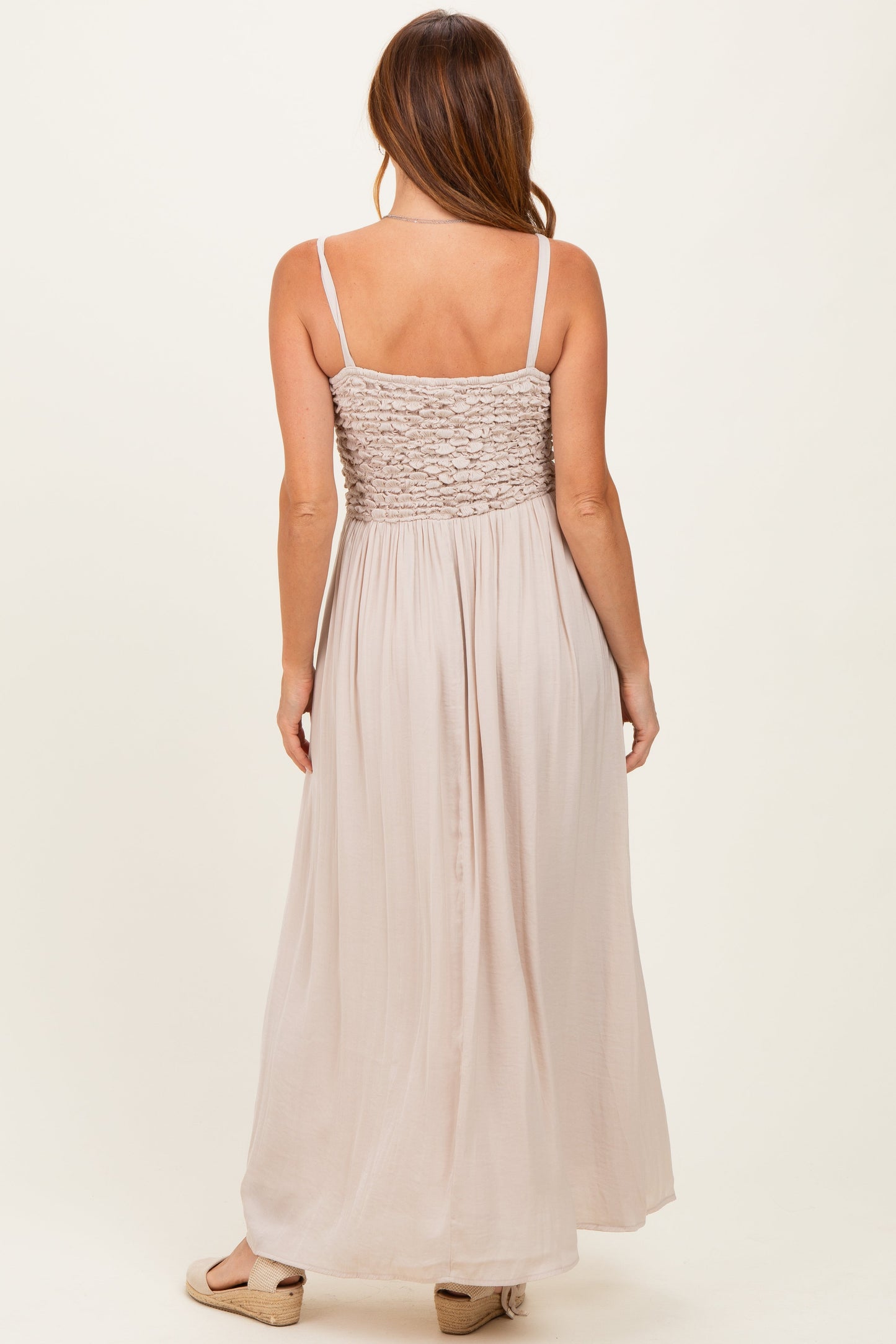 Beige Textured Smocked Maxi Dress