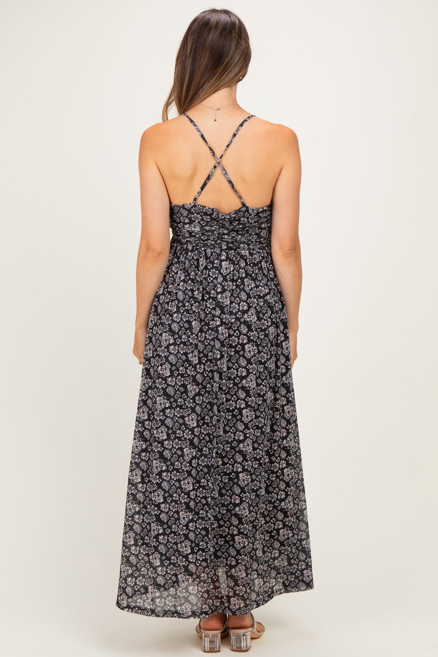 Black Criss-Cross Back Mesh Maternity Dress