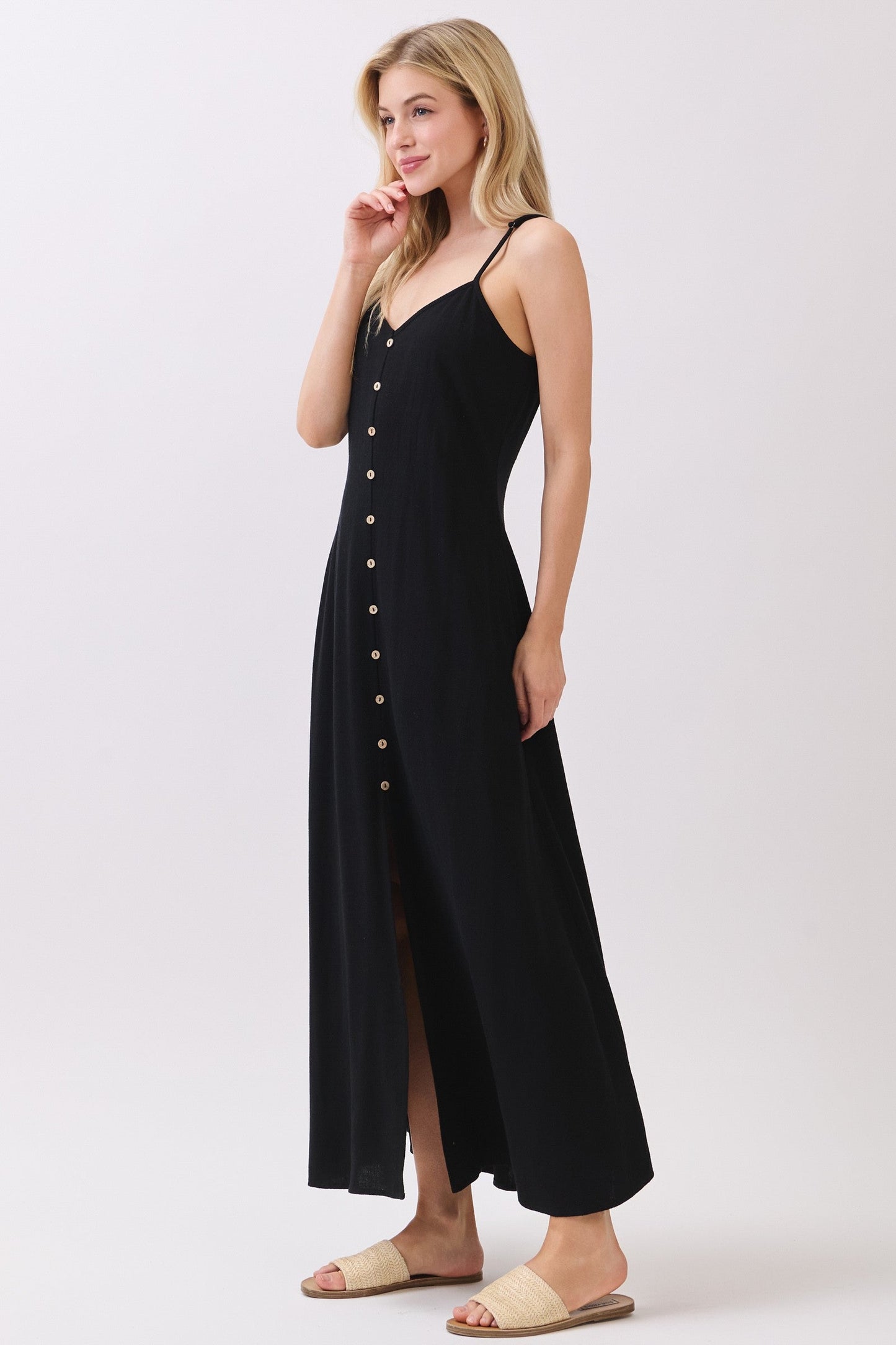 Black Button Accent Midi Dress