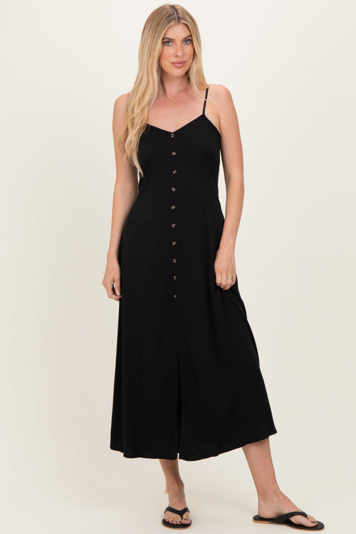 Black Button Accent Midi Dress