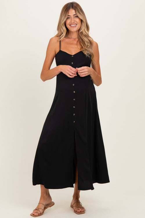 Black Button Accent Maternity Midi Dress