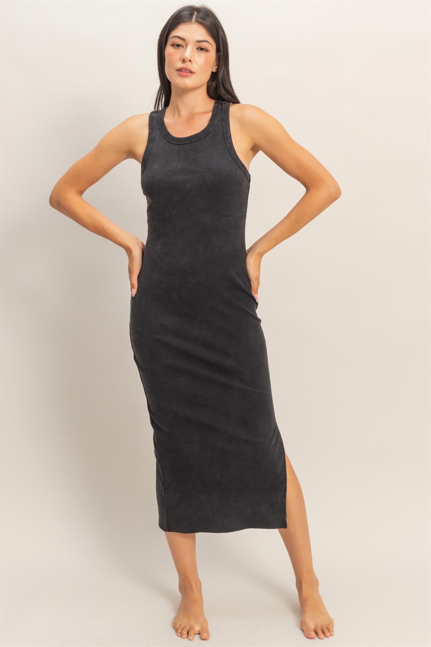 Black Acid Washed Ribbed Midi Tank Dress